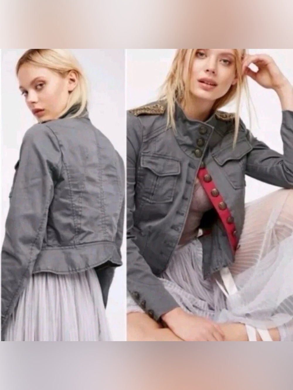 Free People Military Jacket Women XS Gray Shrunken Officer Pocket Button Bead